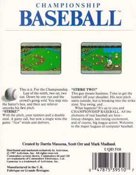 Championship Baseball (UK) (1987) box cover back